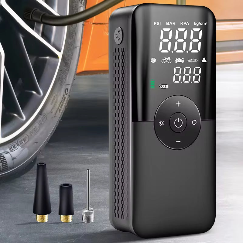Rechargeable air pump inflating a bike tire outdoors, showing digital display and compact design