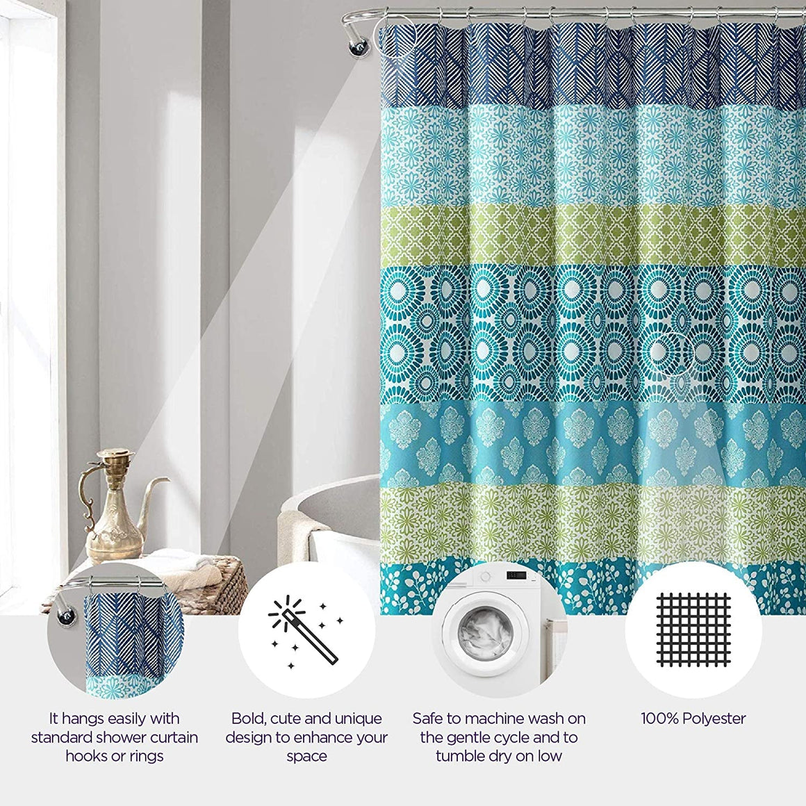 Bohemian Stripe Shower Curtain, 72" W X 72" L, Blue & Green - Boho Shower Curtain - Colorful Striped Bathroom Curtain - Maximalist & Boho Bathroom Decor