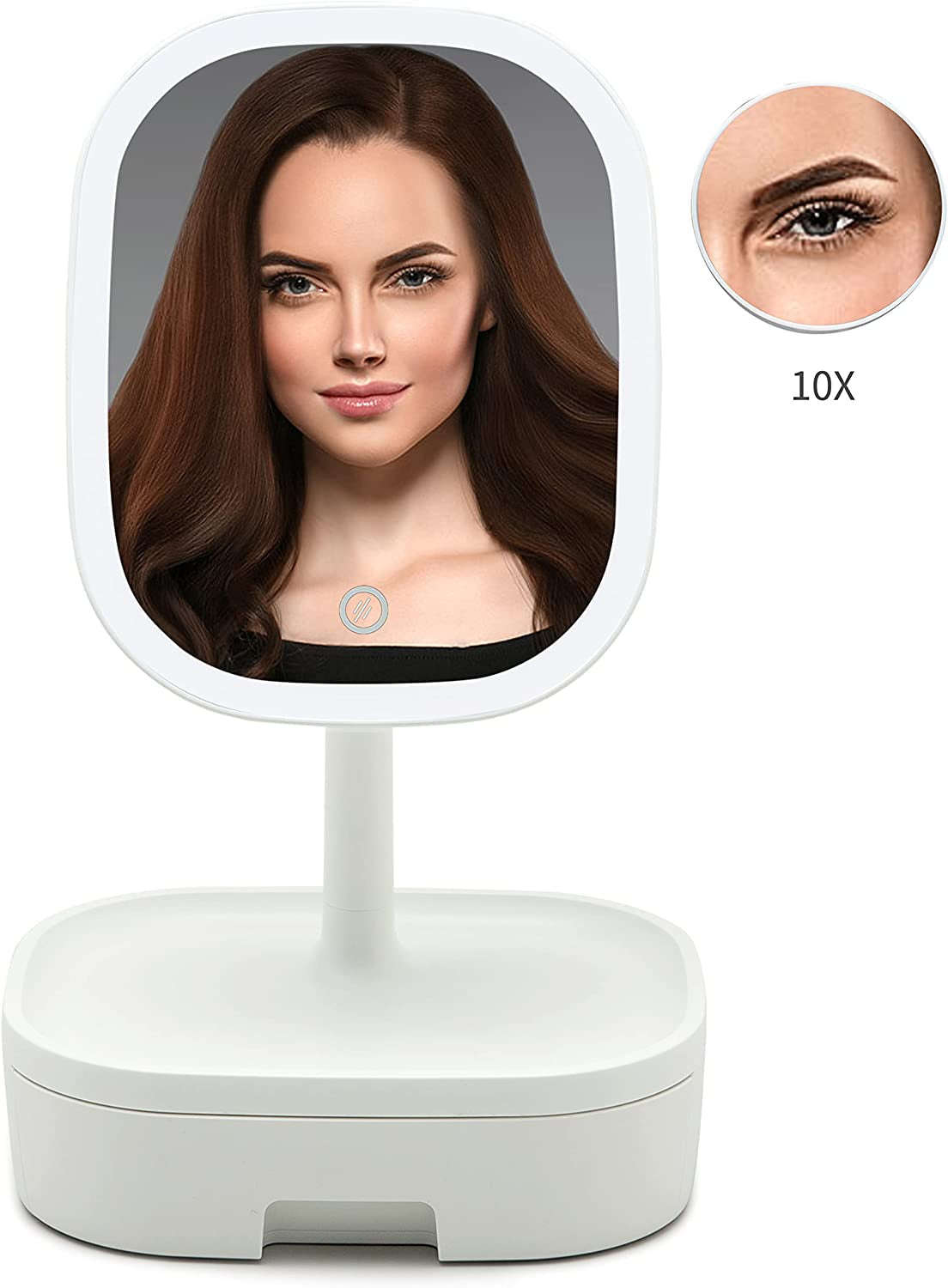 Vanity desk mirror with lights and tri-fold panels illuminated on a modern makeup table