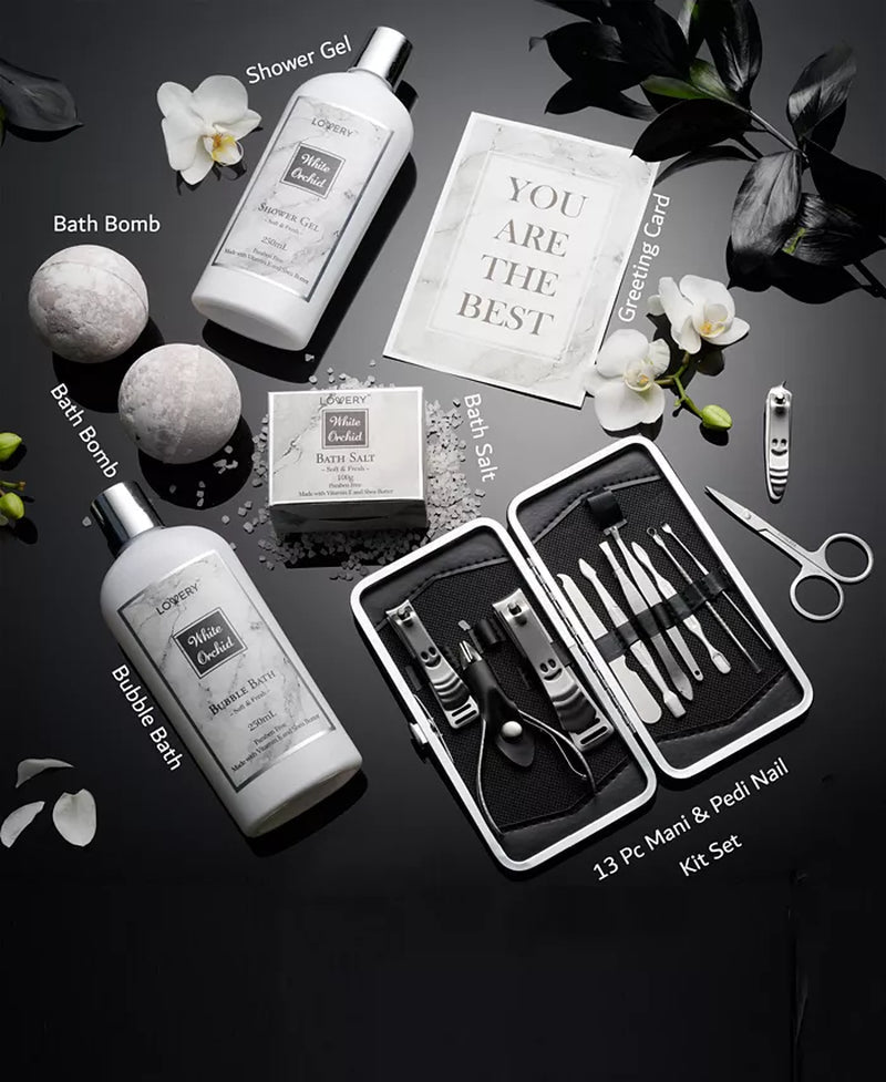 Spa gift baskets filled with bath and body products, wrapped in elegant packaging with ribbon and flowers