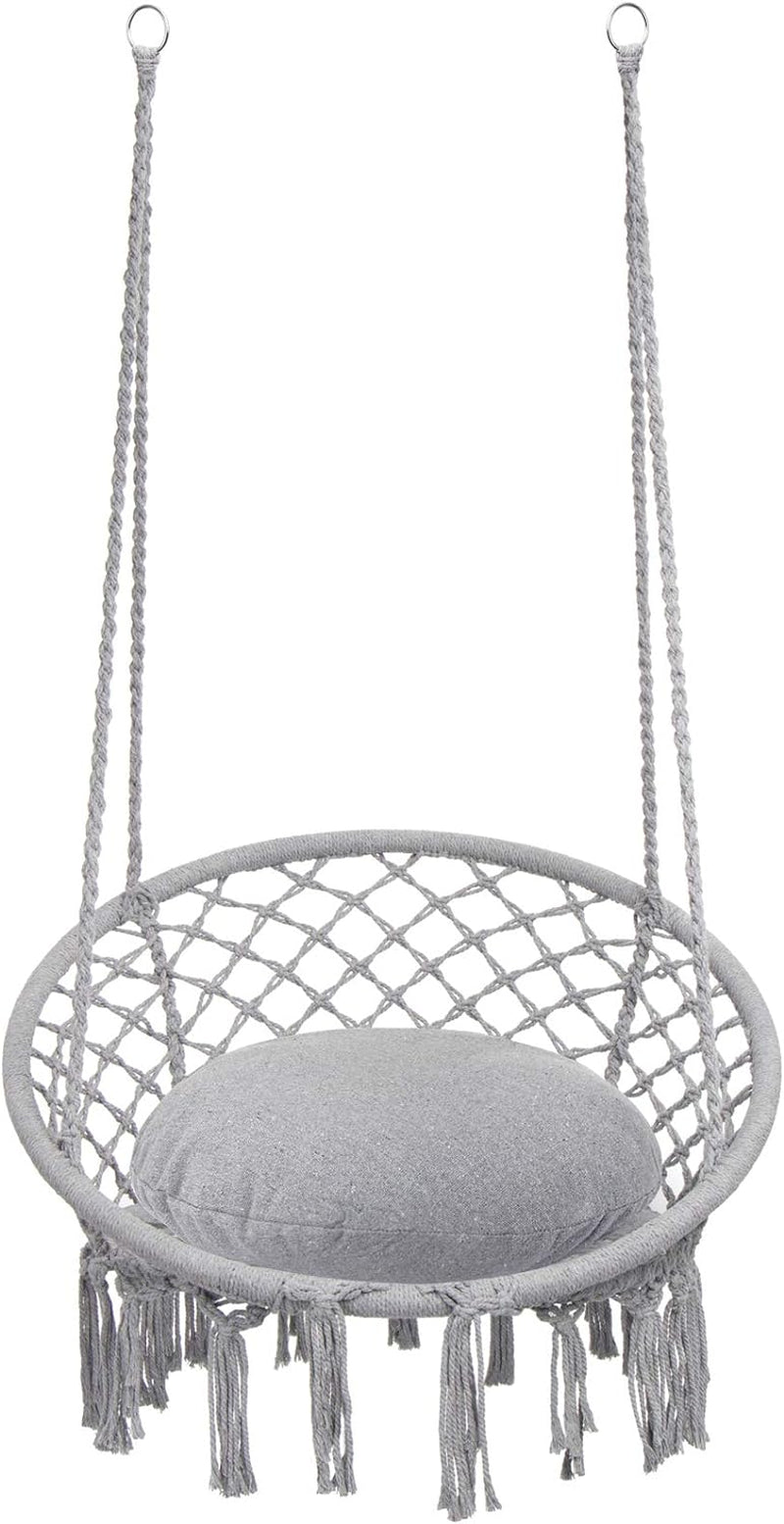 Macrame swing hanging in a bright indoor corner with natural light and boho-style décor