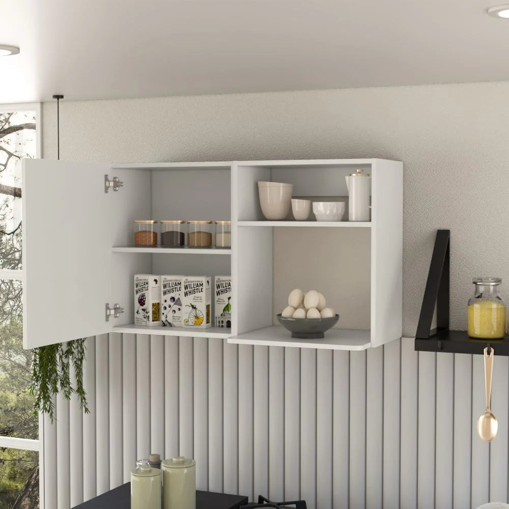 Wall mounted storage cabinets with doors installed above a workspace, showing organized concealed shelving