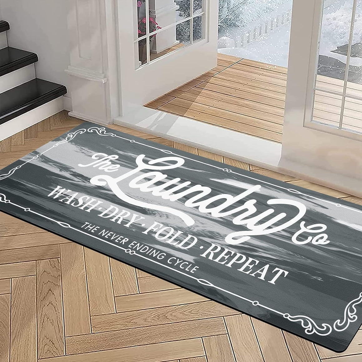 Farmhouse-style bathroom rugs in runner size placed on a tile floor in front of a vanity with non-slip backing