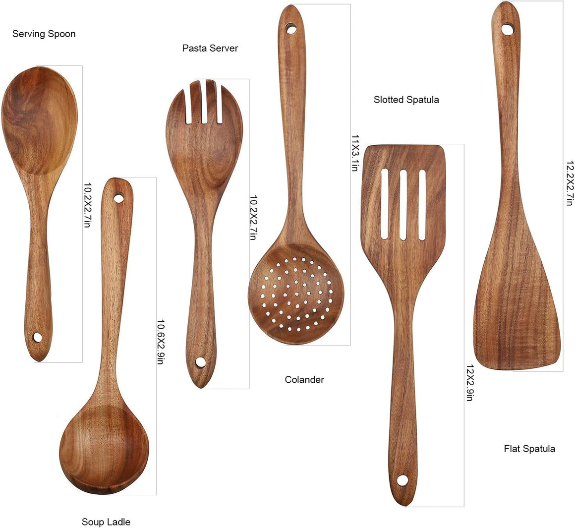 Wooden Cooking Utensil Set 6-Piece Wood Kitchen Utensil Set for Non Stick Cookware Wooden Spatula,Fork,Turner,Ladle,Strainer Spoons (6)