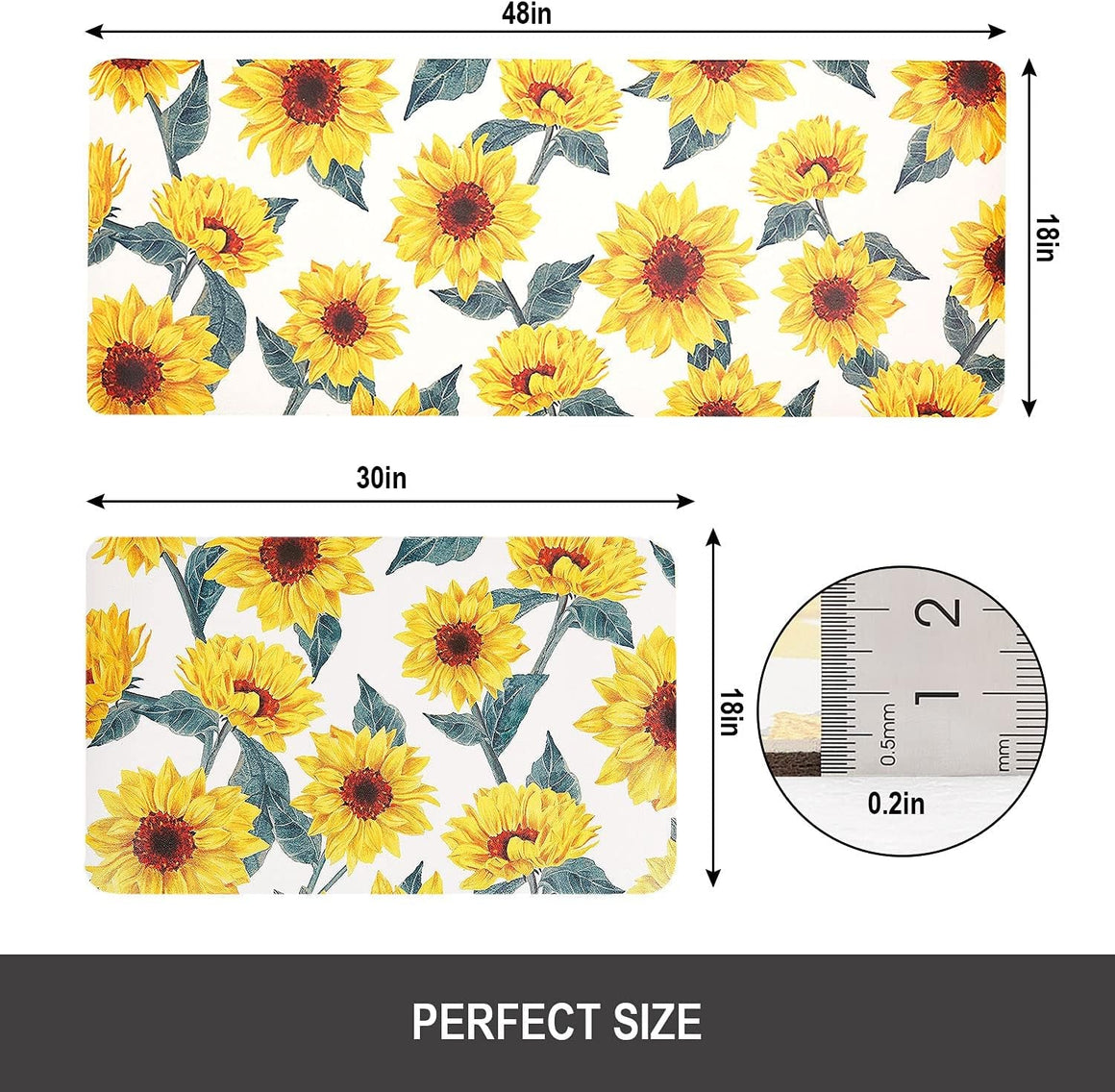 Non slip kitchen rugs with sunflower design in a 2-piece set placed in front of sink and stove