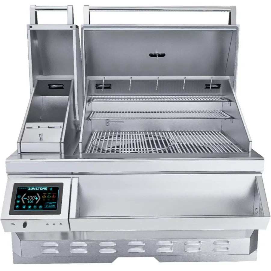 Sunstone 40 inch Electric Pellet Grill with Cold Smoker, stainless steel design, digital control.