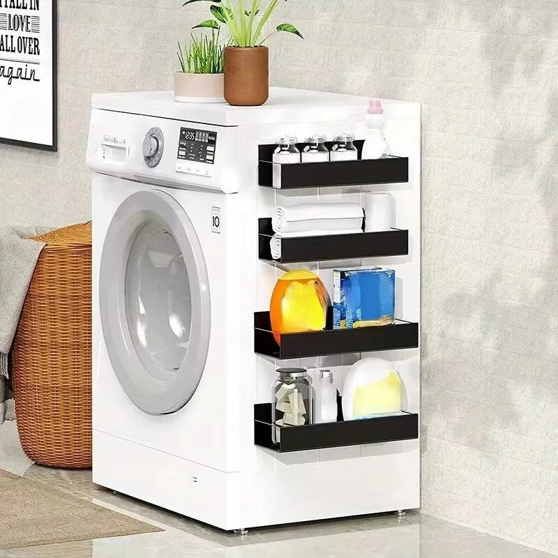 Magnetic shelf for fridge holding spices and paper towels on stainless steel refrigerator door