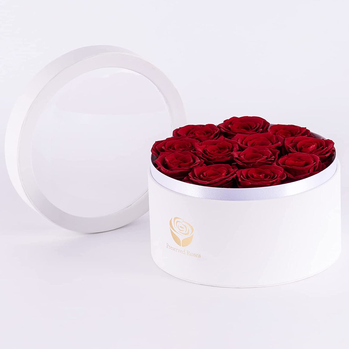Preserved Real Roses in a Box, Rose Box Gifts for Her, Eternal Roses in a Box, Romantic Gifts for Her, Gift Box for Her/Women/Mother/Friend (12 Red Roses, round White Box)