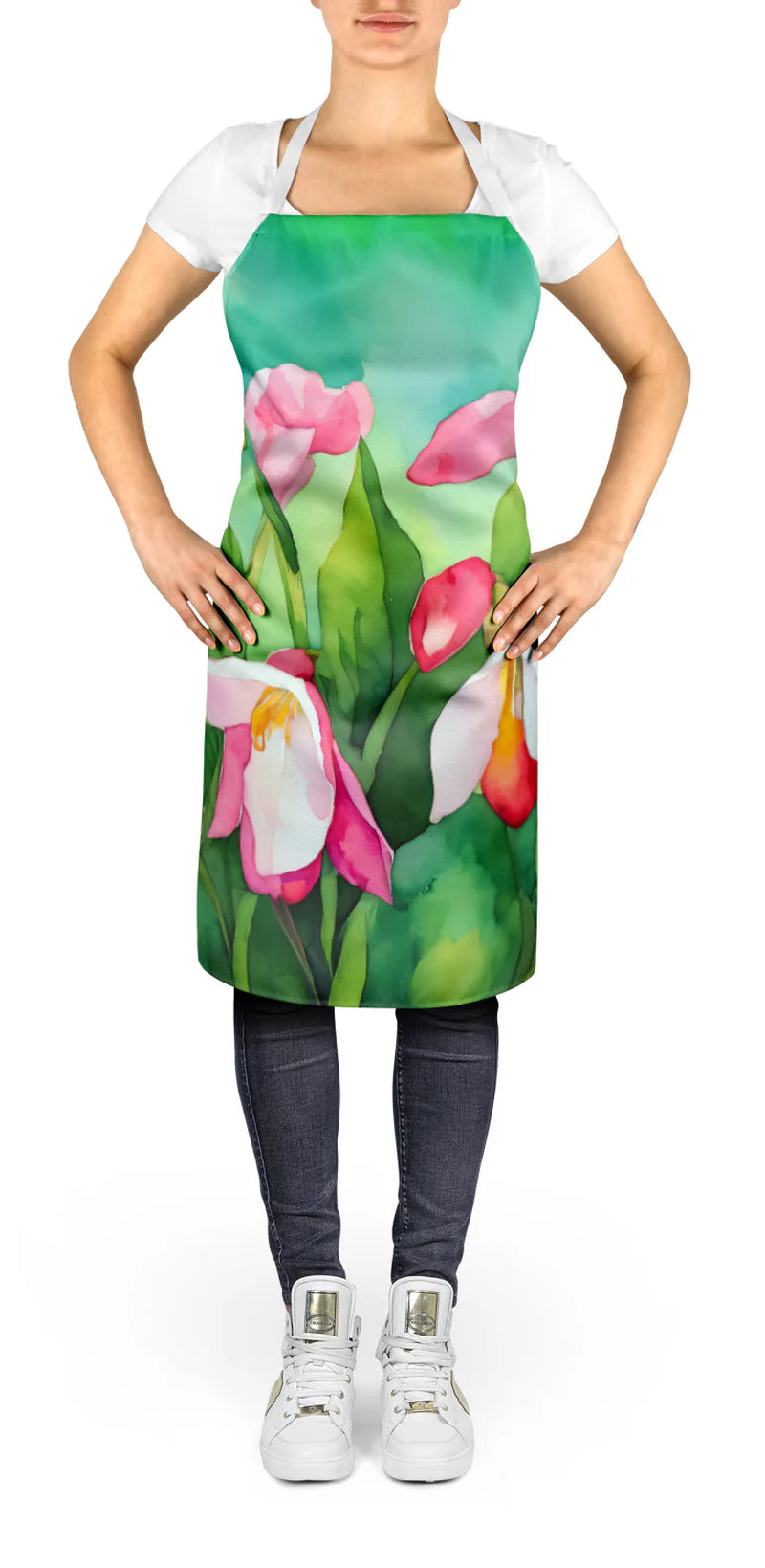 Womens aprons featuring Minnesota pink and white lady’s slippers floral design on display in a cozy kitchen setting